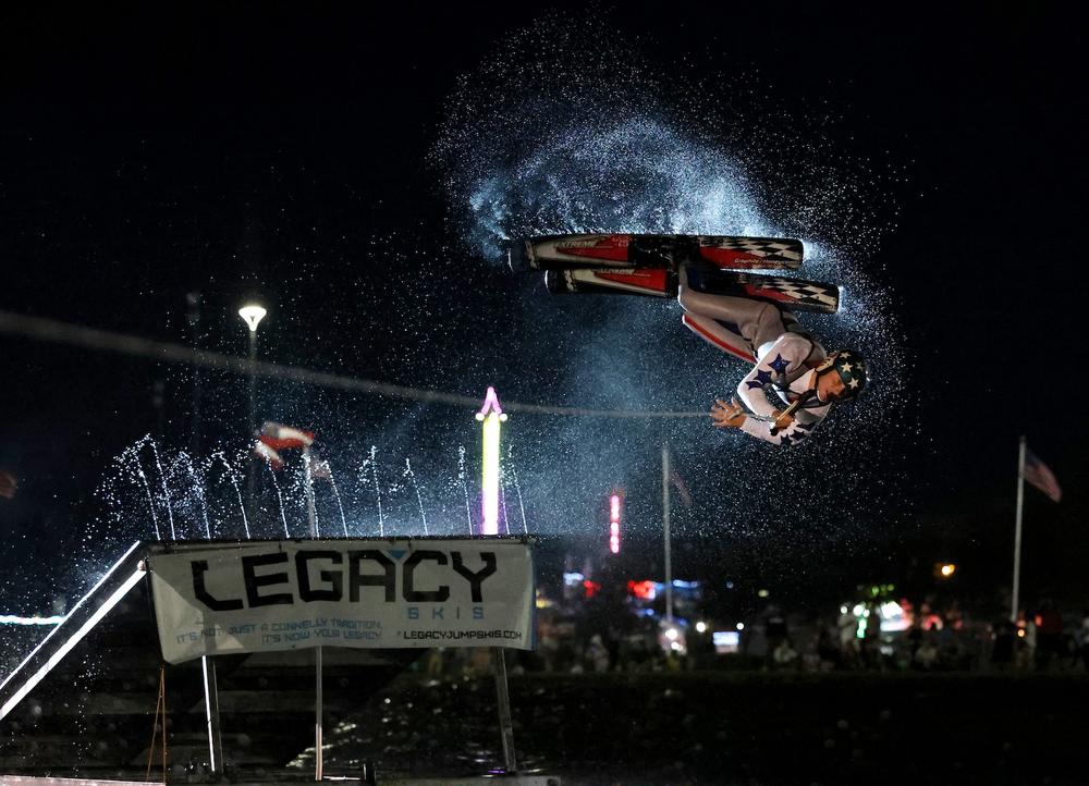 Ethan Shulda, a 4-time Mark Black Trick Ski award winner, performs a gainer off a ramp at the Georgia National Fair in Perry, Ga., on Oct. 5, 2024. Shulda represented Team USA in 2018 and 2022 and will compete with the 2025 World Waterski Team. (Photo/Daisy-Jane Buck)