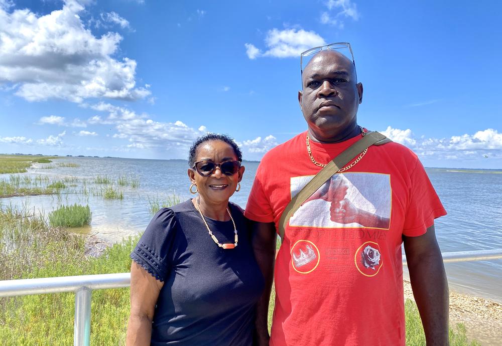 JR Grovner stands next to his mother Yvonne Grovner near the Sapelo Island dock on Sept. 21, 2024.