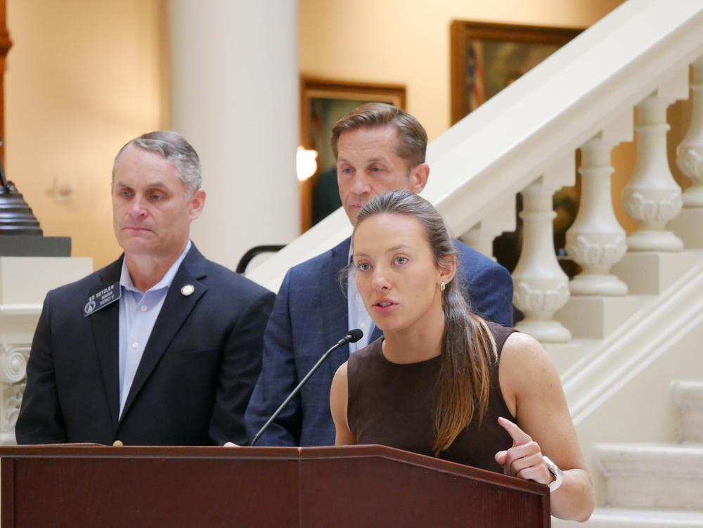  Chelsea Thompson, general counsel for Frontline Policy Action, speaks at a press conference. Jill Nolin/Georgia Recorder