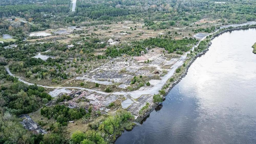 The former Gilman Paper mill site in St. Marys, GA on November 20, 2024, where Jacoby Development purchased more than 700 acres for the planned Cumberland Inlet development. Credit: Justin Taylor/The Current GA