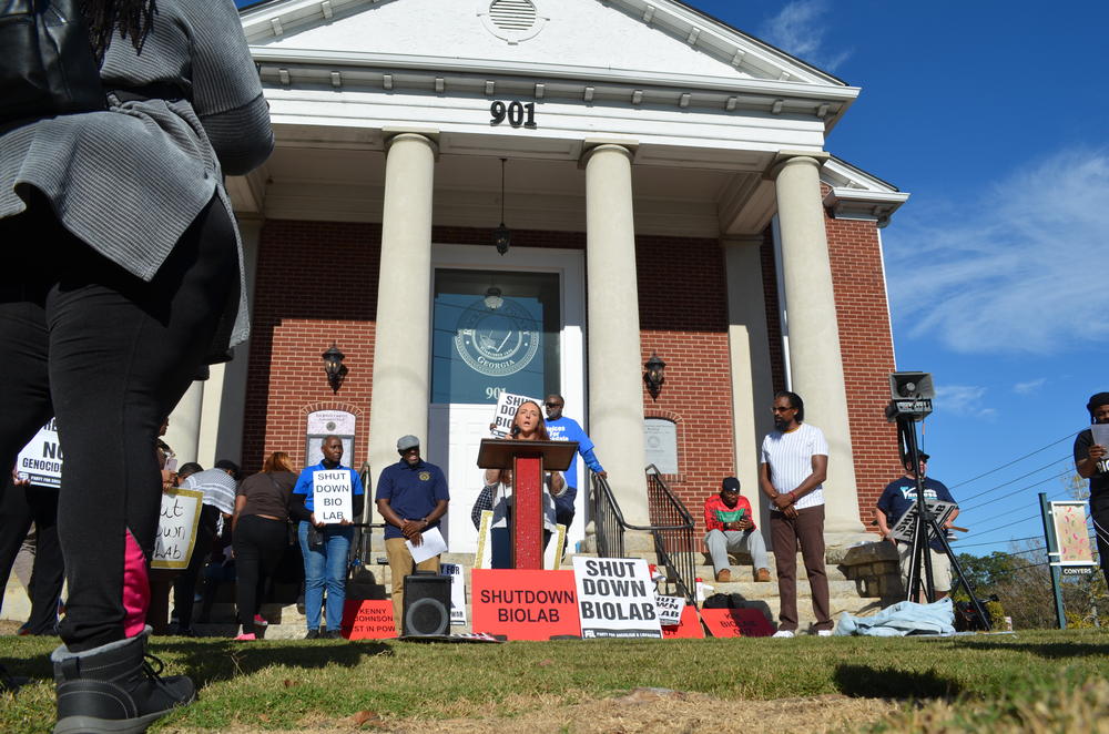 Conyers resident Madelyne Reece speaks at a protest against BioLab on Oct. 19