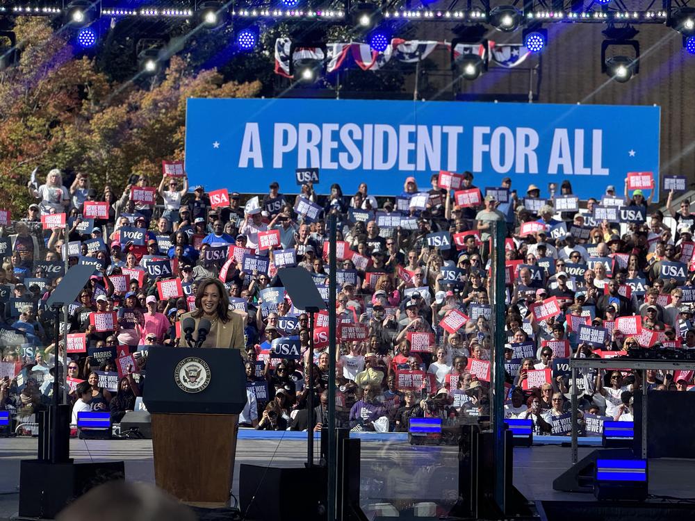 Vice President Kamala Harris leads a campaign rally outside the Atlanta Civic Center on Nov. 2, 2024.