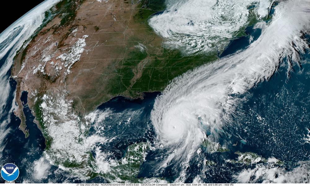 Hurricane Ian, as seen in a NOAA satellite image taken in September 2022, was among the recent hurricanes that researchers found had increased by one category because of climate change.