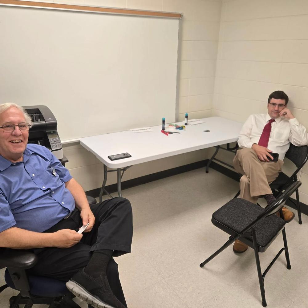 Keith Spitznogle, left, Bryan County Election Board member, and Bryan County Election Board Chairman Andrew Johnson, right, on election night Nov 5. Credit: The Current/ Gillian Goodman