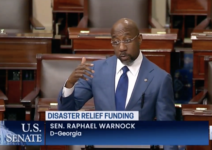 Georgia U.S. Sen. Raphael Warnock spoke on the Senate floor on November 22, 2024, to ask colleagues to approve additional federal investments to support families impacted by recent natural disasters. (Screenshot)