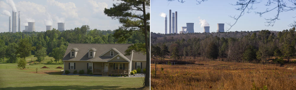 A home downhill from the Plant Scherer ash pond, left, in 2014. The same plot of land in 2020, right. Georgia Power has bought homes, demolished them and then padlocked the land on which they sat during the years of dispute around the health effects of living near the Scherer ash pond. 