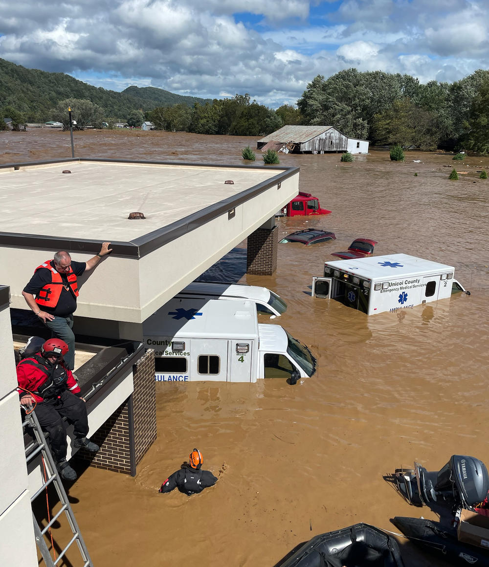 Hospital staffers and emergency responders tried to evacuate patients first by ambulance and then by boat when the Nolichucky River overwhelmed Unicoi County Hospital during Hurricane Helene. Eventually, everyone was evacuated by helicopter. (BALLAD HEALTH)