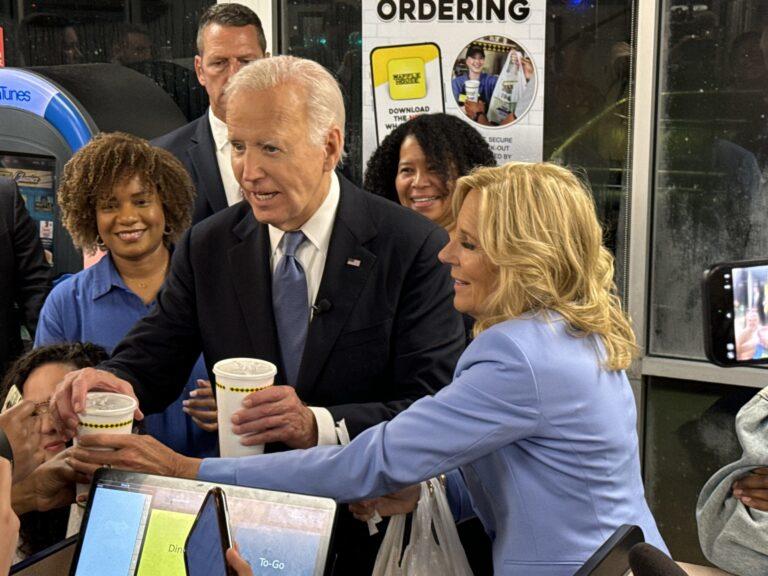 President Joe Biden and first lady Jill Biden dropped by a Waffle House in Atlanta to pick up food shortly after midnight following his debate with Donald Trump on Thursday, June 27, 2024. He told reporters “I think we did well” when asked about his debate performance. Jill Nolin/Georgia Recorder