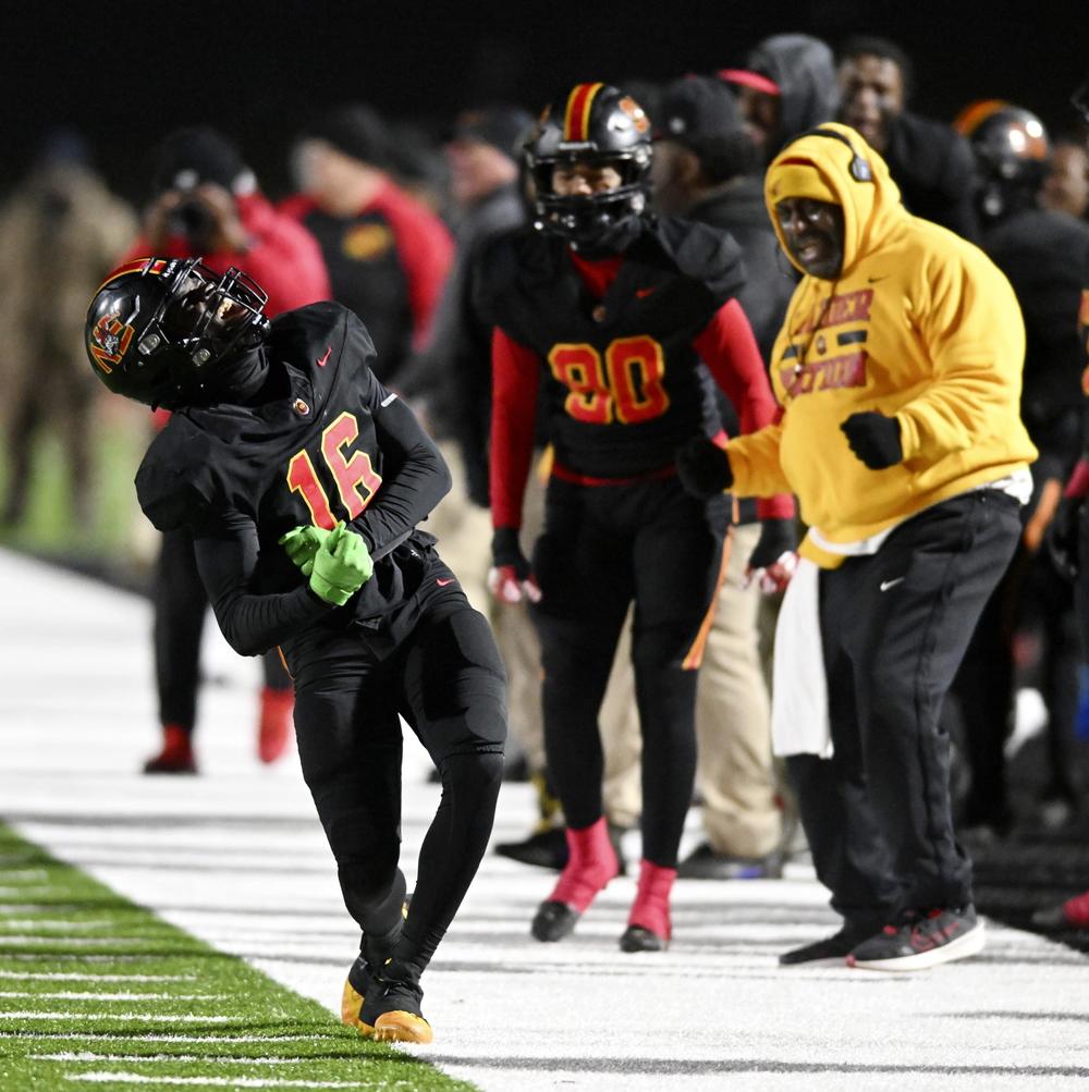 Northeast linebacker Tailen Sampson (16) celebrates after a tackle during the Raiders’ 46-14 win over Fitzgerald in Friday night’s GHSA state semifinal game. Jason Vorhees / The Melody