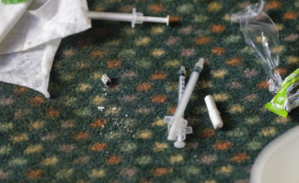 Syringes used to inject opioids in an abandoned ballroom and meeting hall in Macon in 2024.