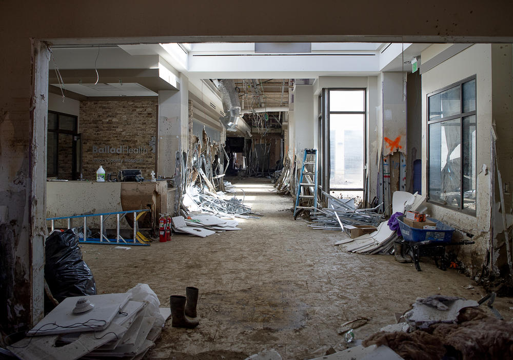 The front lobby of the hospital after a flash flood during Hurricane Helene destroyed the building. (MADDY ALEWINE FOR KFF HEALTH NEWS)