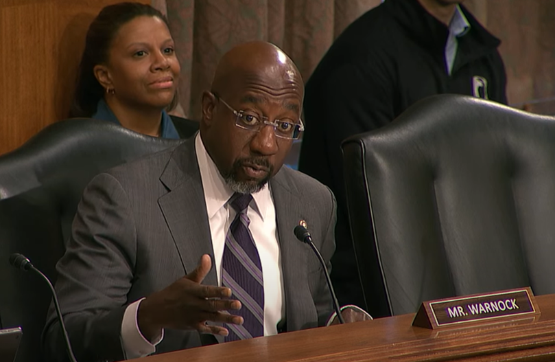 Georgia Sen. Raphael Warnock appeared at a Senate Banking Committee hearing on Wednesday, December 11, 2024, to stress the importance of clearing medical debt from credit reports. Screenshot