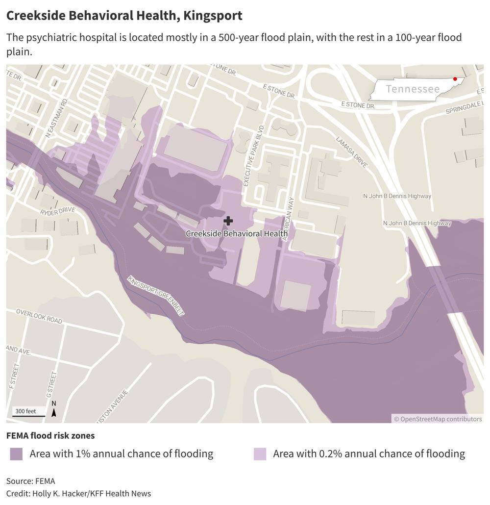 Creekside Behavioral Health psychiatric hospital is located mostly in a 500-year flood plain, with the rest in a 100-year flood plain.