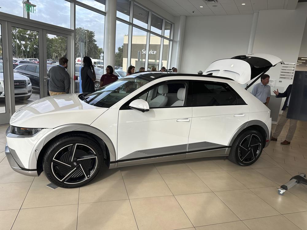 A 2025 model Hyundai Ioniq 5 electric SUV is seen Tuesday, Sept. 3, 2024, after being unveiled at an auto dealership in Savannah, Ga. The car, made at Bryan County’s Hyundai Metaplant, qualifies for the $7,500 federal tax rebate for US made EVs. That rebate, and the tax incentives which helped build the Metaplant, are likely targets for President Elect Trump.