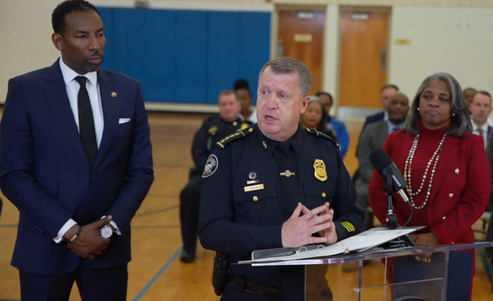 Atlanta Police Chief Darin Schierbaum speaks at Thomasville Recreation Center about the city's crime reduction efforts and the latest data.