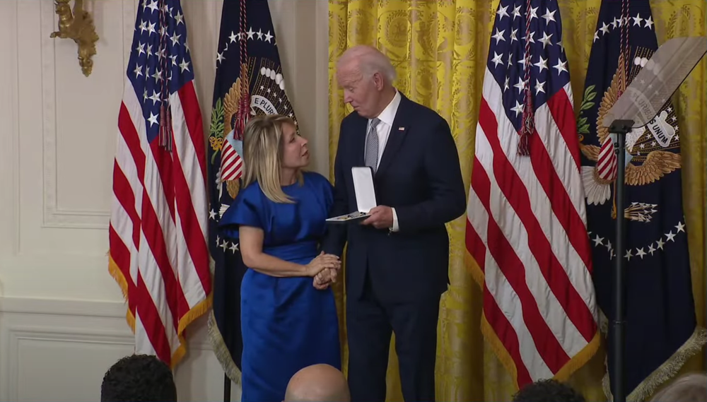 President Joe Biden presents the Presidential Citizens Medal to Savannah College of Art and Design president Paula Wallace at the White House on Jan. 2, 2025.