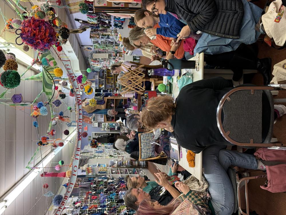 A group of people taking a knitting class at a yarn shop