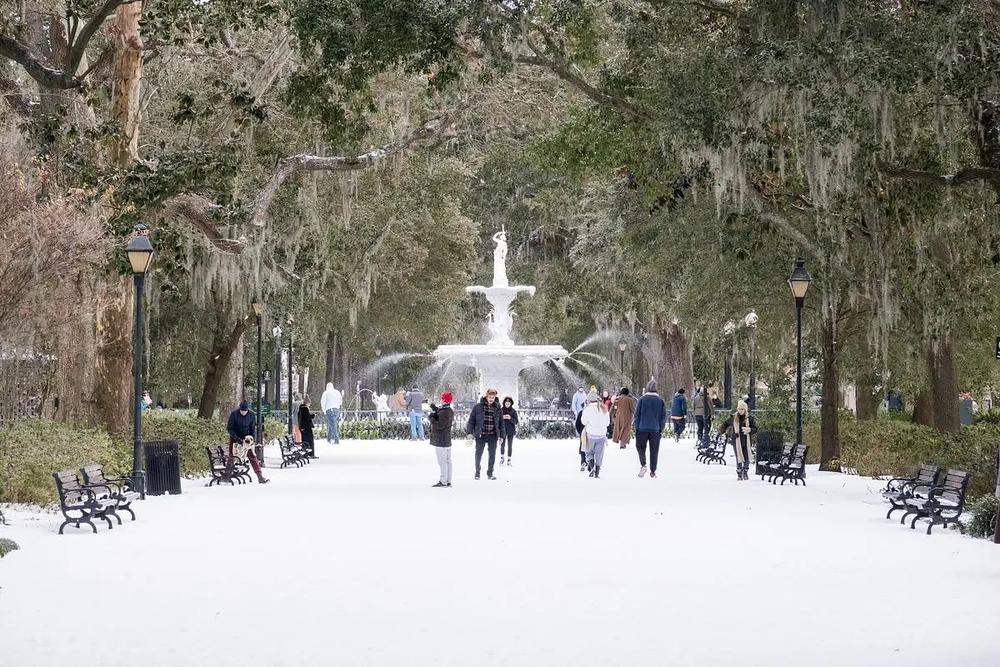 Forsyth Park after a snowfall in Savannah on Jan. 21, 2025 Credit: Justin Taylor/The Current GA