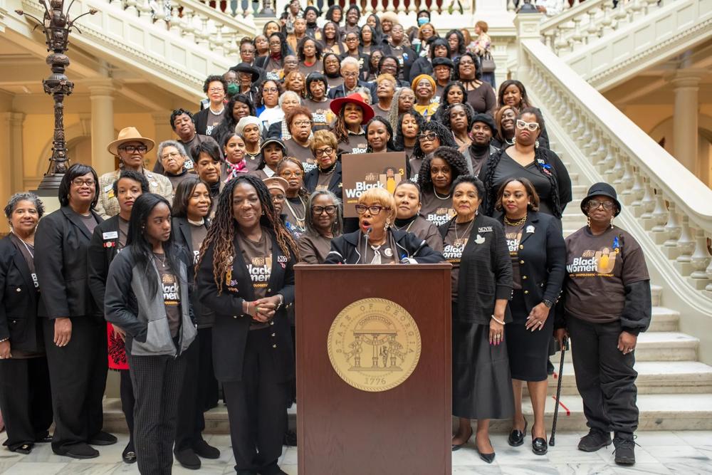 The Georgia Black Women’s Roundtable (GBWR), an arm of the Georgia Coalition for the People’s Agenda, gathered alongside supporters of other Black interest groups at the South Steps inside the Georgia State Capitol on Monday, January 13, 2025. (Photo: Itoro N. Umontuen/The Atlanta Voice)