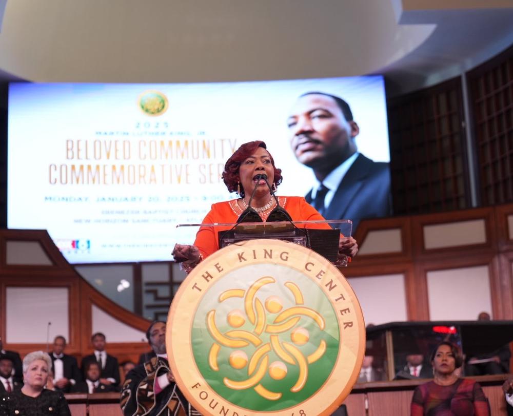 Bernice King speaks at the Beloved COmmunity Commemorative Service at Ebenezer Baptist Church in Atlanta on Jan. 20, 2025.