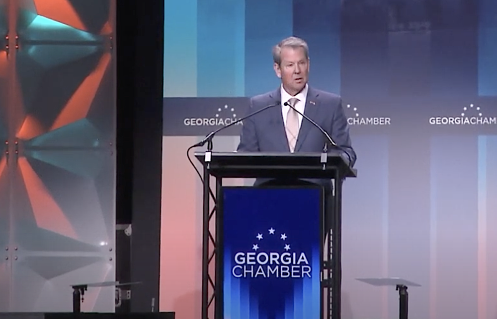 Gov. Brian Kemp speaks at the annual Eggs and Issues breakfast at the Georgia World Congress Center on Jan. 14, 2025 to kick off the second day of the legislative session. (GPB)