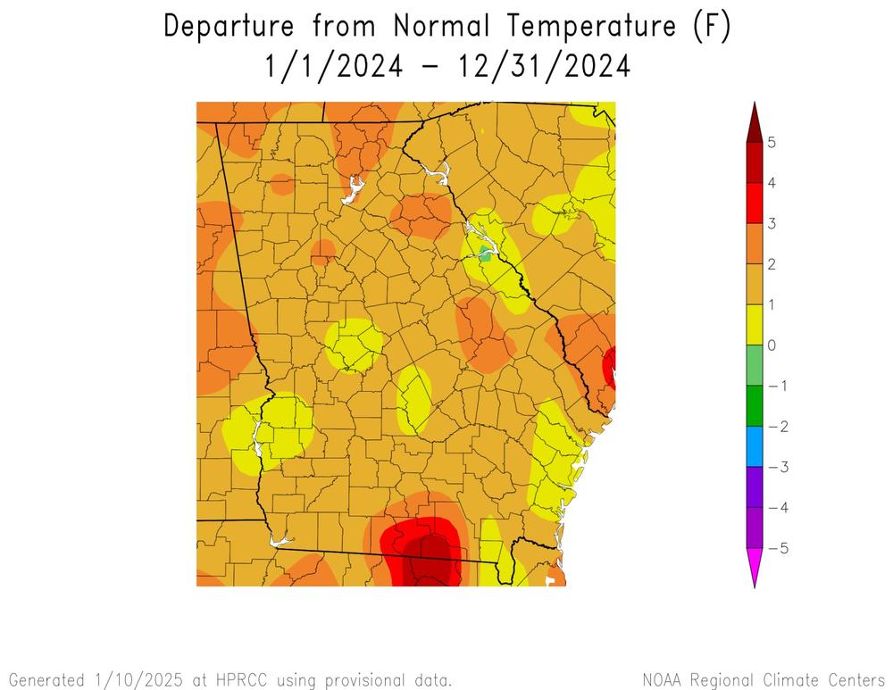 The map shows the average variation from normal temperatures around Georgia in 2024. Credit: NOAA