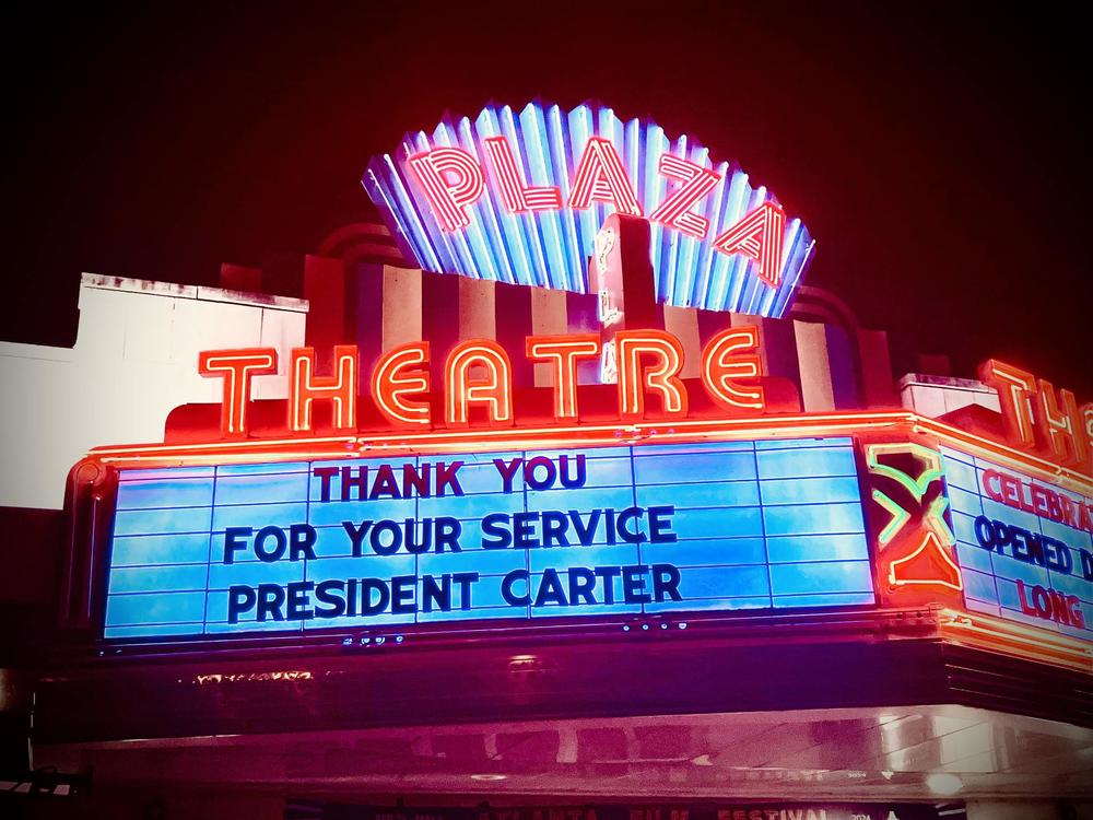 The marquee on Atlanta's Plaza Theatre on the day of Jimmy Carter's passing.