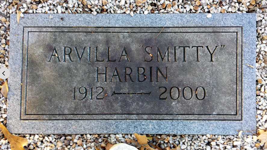 Headstone of Chuck's aunt, Arvilla "Smitty" Harbin