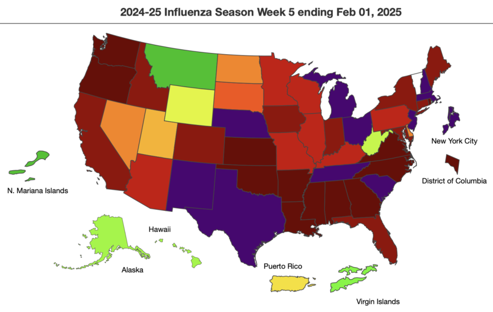 Shades of maroon to purple show states with very high levels of influenza-like-illness at the beginning of February. (CDC)