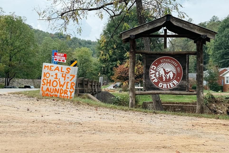 Sign in front of Camp Grier directing residents to relief after Hurricane Helene