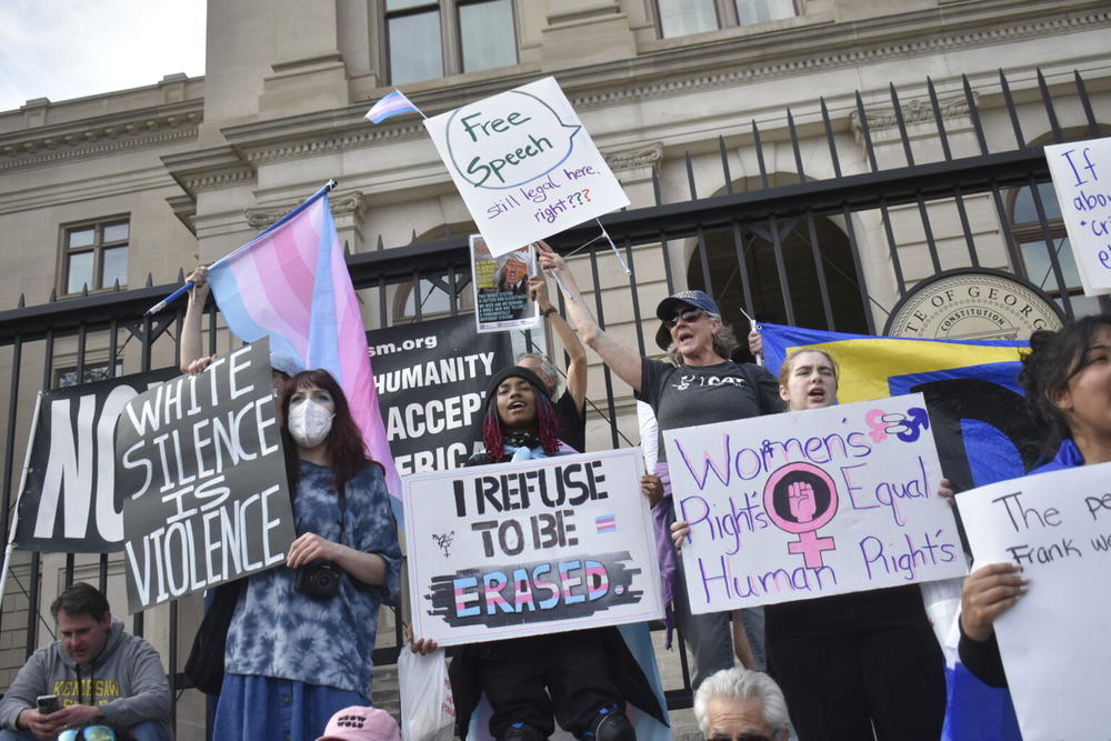  Protesters outside the Georgia Capitol decry President Donald Trump’s second-term agenda as part of the 50501 movement. Ross Williams/Georgia Recorder