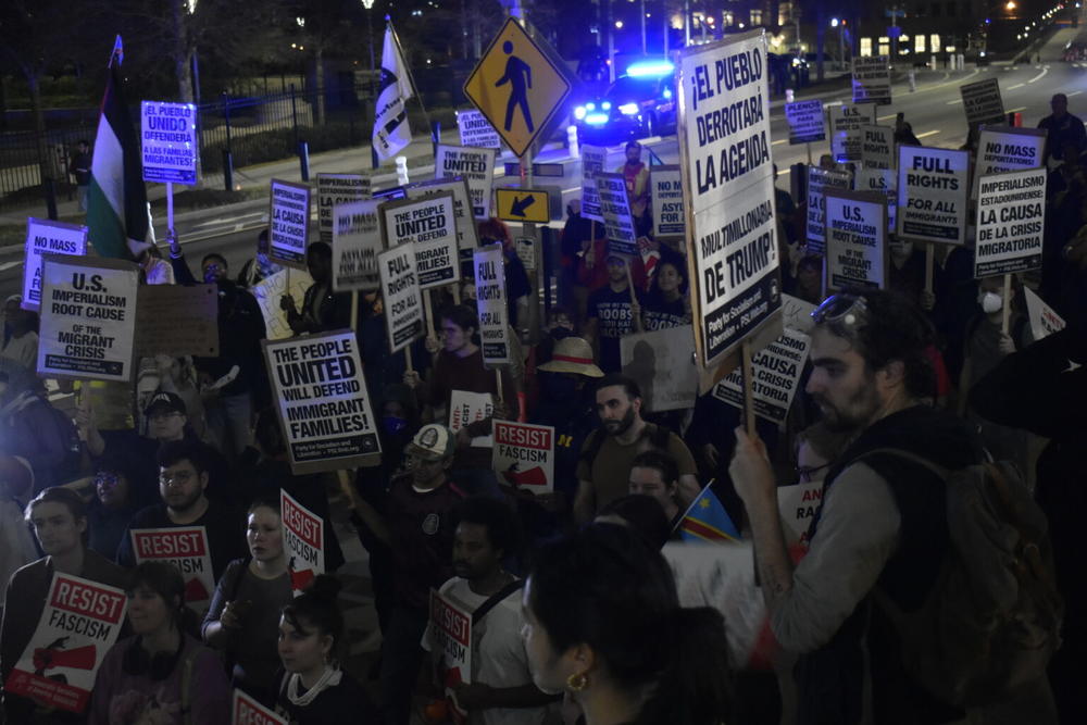 50501 protesters marched under the blue glow of police lights, but no major incidents were reported. Ross Williams/Georgia Recorder