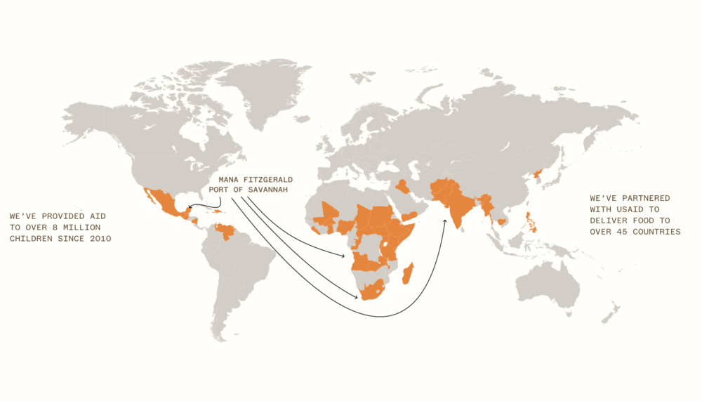 A map on Mana's website shows where the organization's peanut products are shipped for distribution by charities.