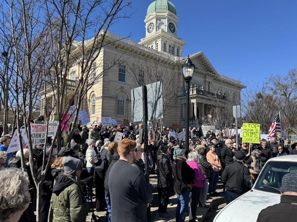 Protestors outside City Hall in Athens, Ga., in February 2025