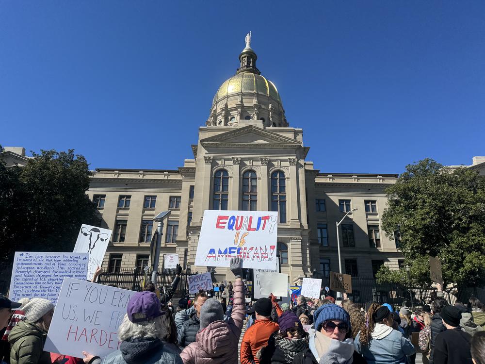 Protestors outside the state Capitol in Atlanta in February 2025