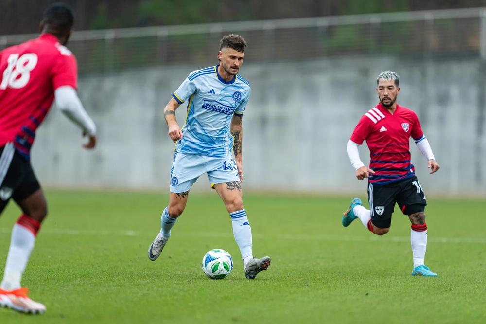 Atlanta United midfielder Mateusz Klich (above with ball) during the match against FC Dallas at Children’s Healthcare of Atlanta Training Ground in Marietta, Ga. on Saturday, February 15, 2025. Photo by Mitch Martin/Atlanta United