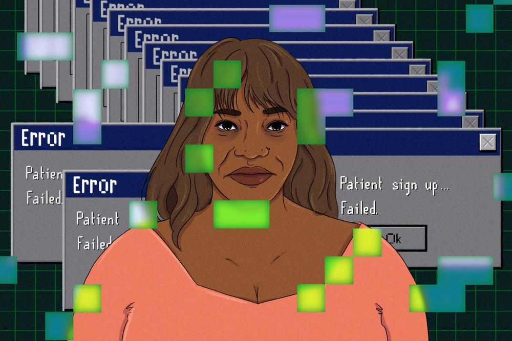 An illustration of a woman backed by computer dialog boxes reading "Error: Patient sign up Failed"