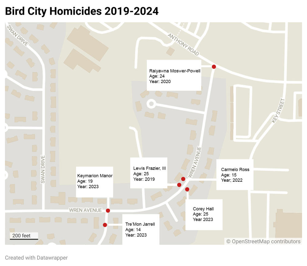 Map of homicides in Macon's Anthony Homes neighborhood from 2019-2024