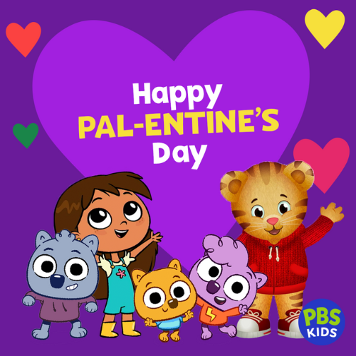 PBS KIDS characters stand and wave under a purple heart that says "Happy PAL-ENTINE'S Day"