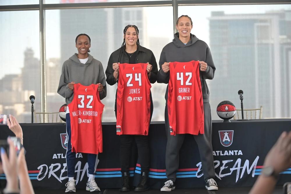 Brittney Griner (far right) Brionna Jones (center), and Shatori Walker-Kimbrough were officially announced as the newest members of the Atlanta Dream on Tuesday, Feb. 4. Photo by Kerri Phox/The Atlanta Voice