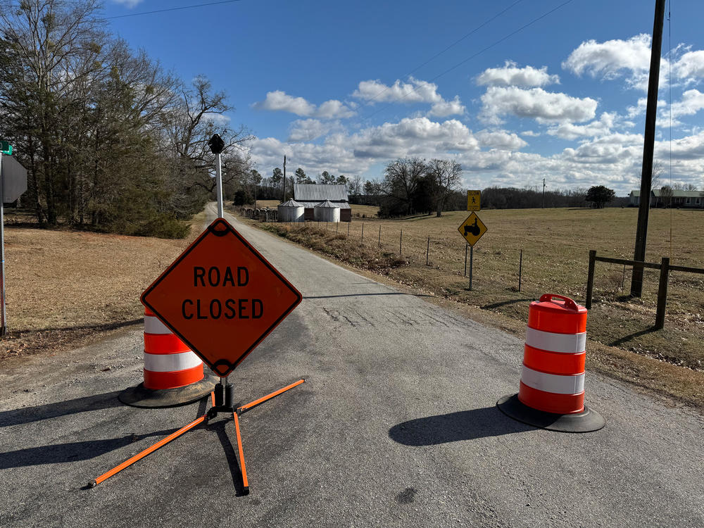 A road block near the site of two positive avian influenza cases in Elbert County, Ga.