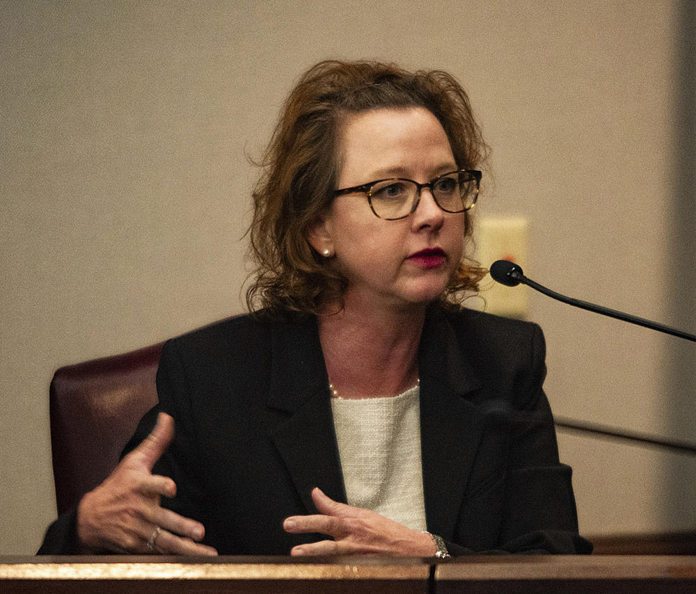 Jackie Johnson testifies in her own behalf in her trial on the single remaining charge of violating her oath of office, Tuesday, Feb. 4, 2025, in Brunswick, Ga. 