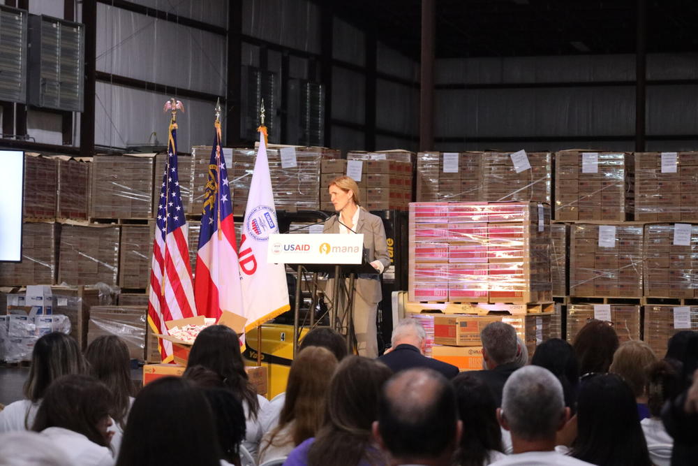 Former USAID Administrator Samantha Power speaks at Mana's warehouse facility in  Fitzgerald, Ga., on May 3, 2024.