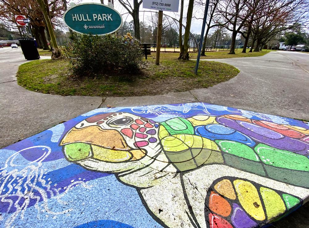 A storm drain mural at Hull Park in Savannah was painted as part of a public art program funded by the city in 2022.