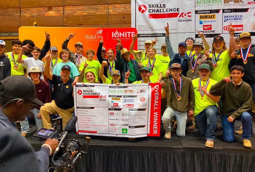 Harris County High School students, including Joey Gibbs, and their coach pose for a group photo at the West Georgia Skills Challenge on Nov. 12, 2024 at the Columbus Georgia Convention and Trade Center in Columbus, Georgia. 11/12/2024 Photo courtesy of Harris County High School