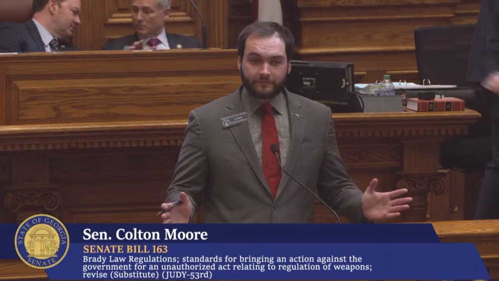 Georgia Sen. Colton Moore (R-Trenton) speaks on the Senate floor on Thursday, March 6, 2025, in support of a bill he introduced which counters a local gun-control ordinance in Savannah.