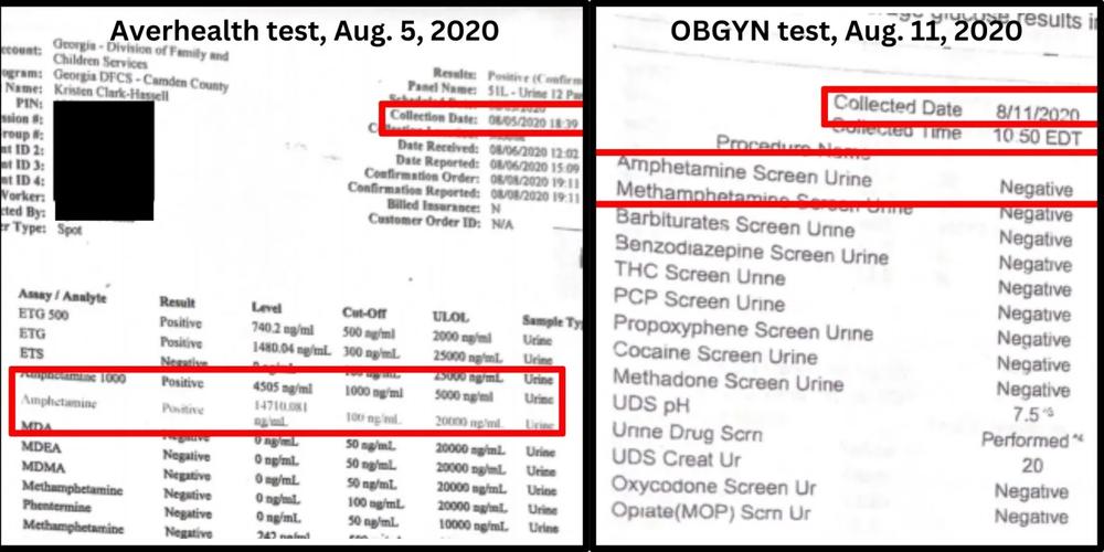 A side-by-side comparison of two drug test results