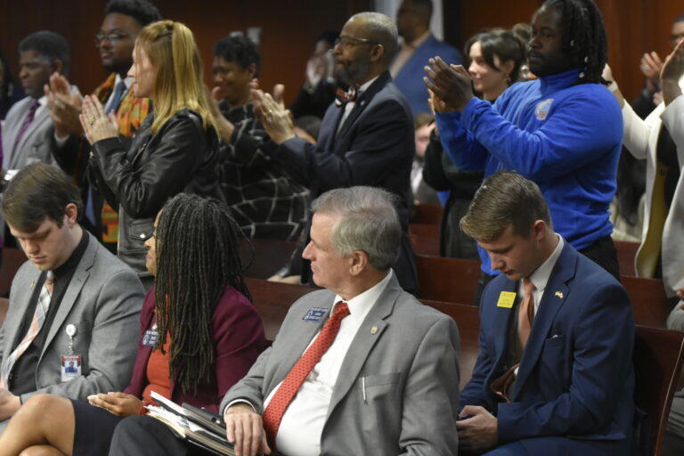 Sen. Marty Harbin watches as a speaker opposed to his bill gets a standing ovation. Ross Williams/Georgia Recorder