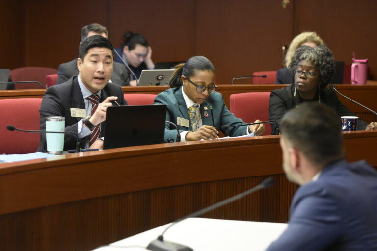 Rep. Sam Park, left, debates Rep. Tim Fleming, right, about Fleming’s campus protest bill. Ross Williams/Georgia Recorder