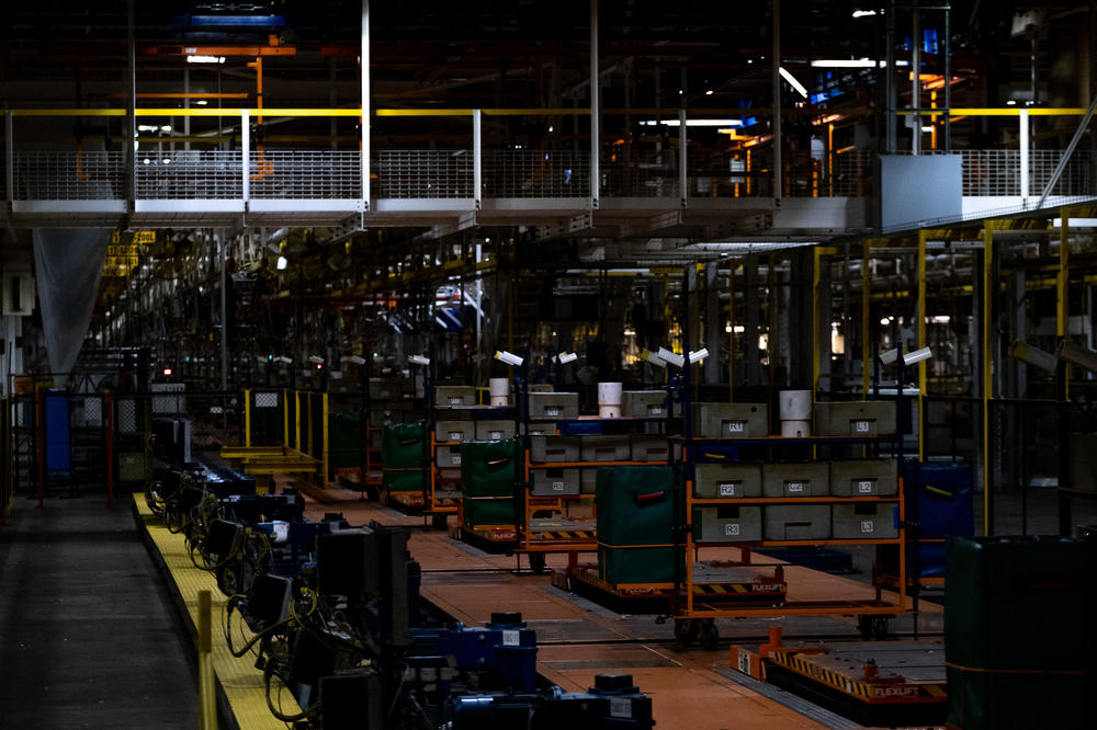 Rows of tools and cabinets sit, unused, on the assembly line of the former GM Lordstown assembly plant.